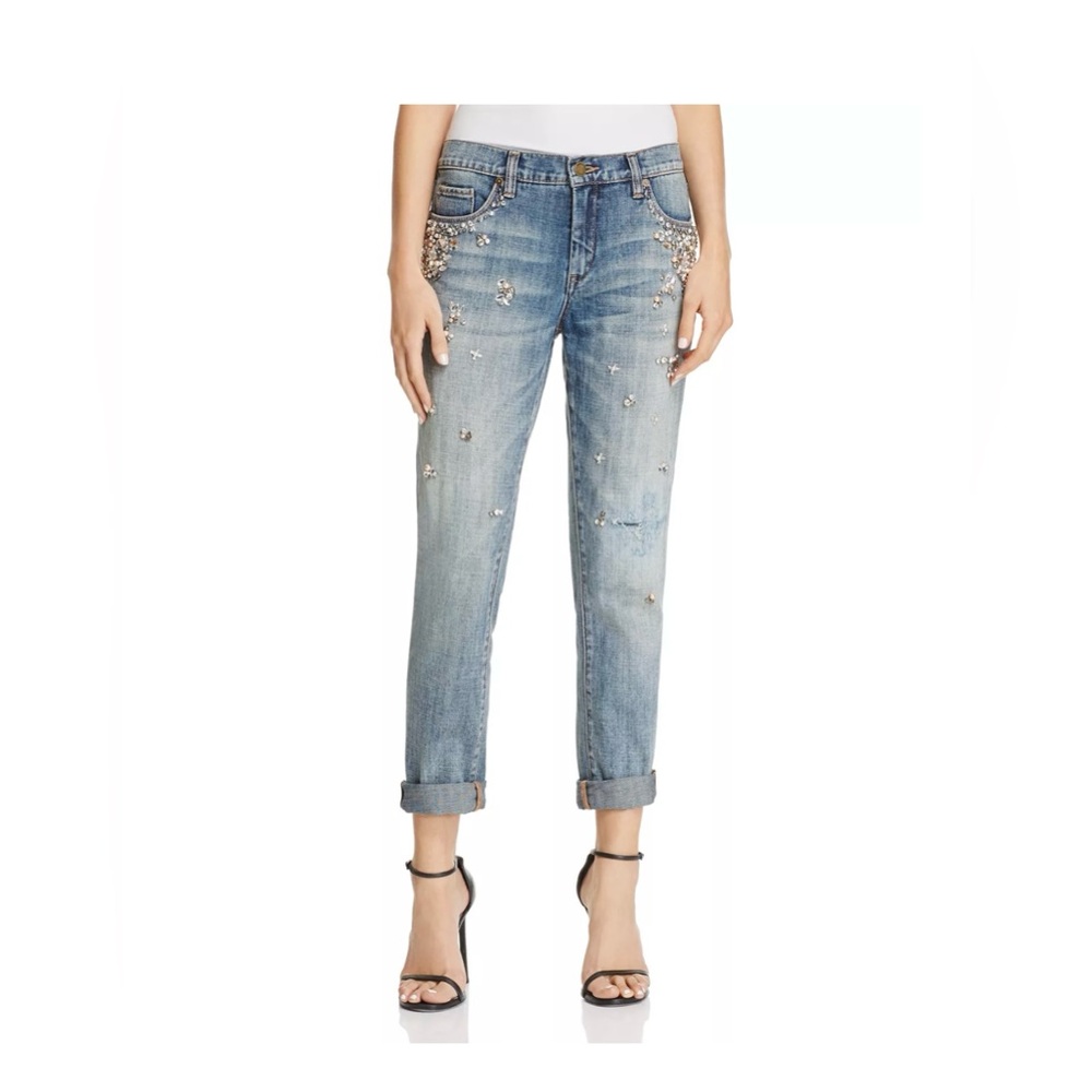 Blank NYC Blue Girlfriend Embellished Jeans Cropped Distressed NWT